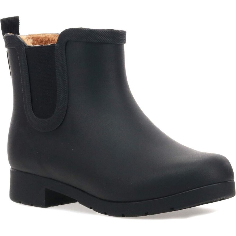 Women’s Waterproof Black Plush Lined Slip On Rain Ankle Slim Chelsea Boots